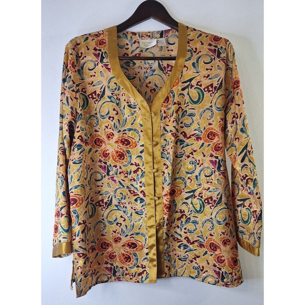 Vtg VICTORIA'S SECRET Gold Label Floral Satin Kimono Button Up Women M Sleepwear